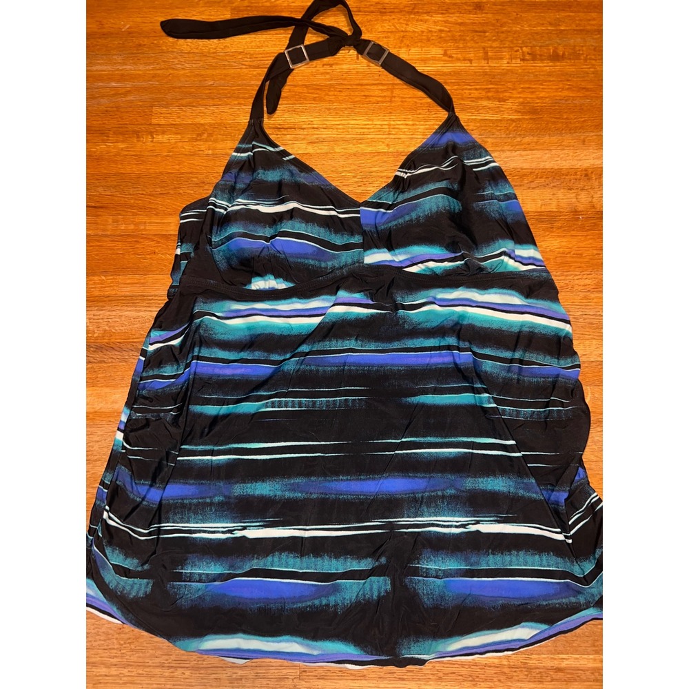 Liz Lange Maternity Women XXL Blue Teal Striped Halter Neck Padded Tankini‎ Top
